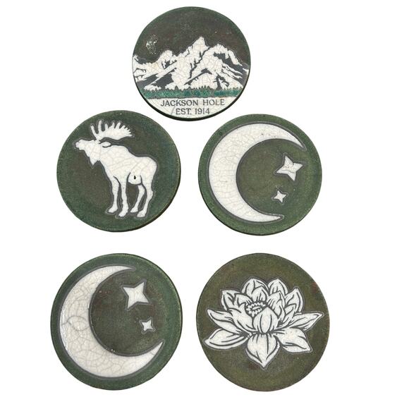 Raku Potteryworks Jeremy Diller Signed Set of 5 Coasters Lotus Moose Moon - Picture 11 of 12